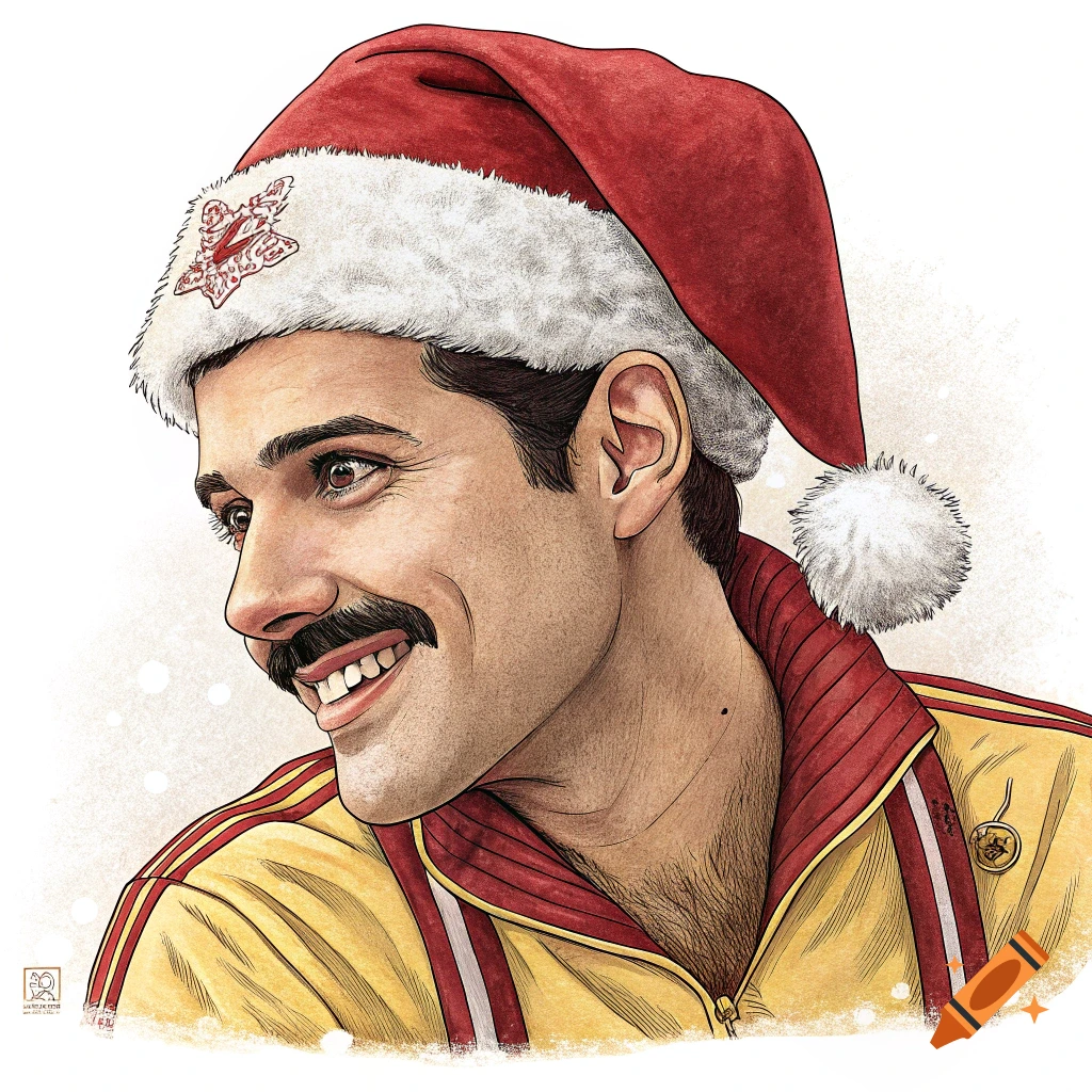Illustration of Freddie Mercury smiling, wearing a red Santa hat and a yellow and red tracksuit.