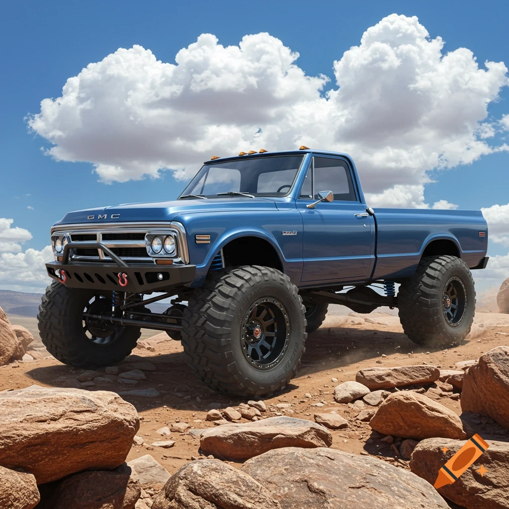 A photorealistic blue lifted 1971 GMC truck, like a rock bouncer, on a rocky desert landscape under a blue sky.