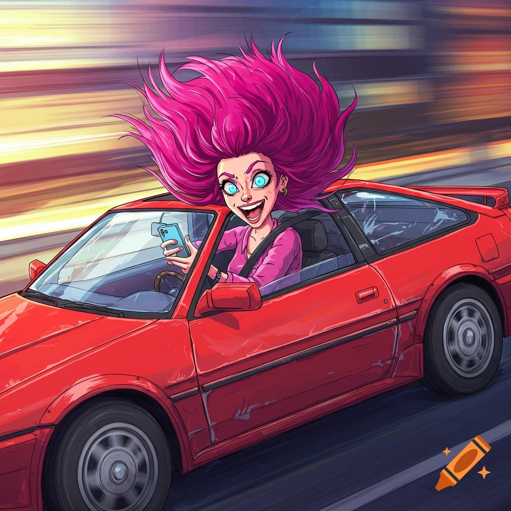 A cartoon woman with bright pink hair drives a red car at high speed while texting, her eyes wide with excitement.
