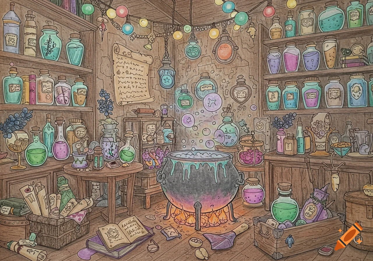 A cozy, whimsical potion room filled with shelves of colorful jars, a bubbling cauldron, scrolls, and magical glowing liquids, in a coloring page style.