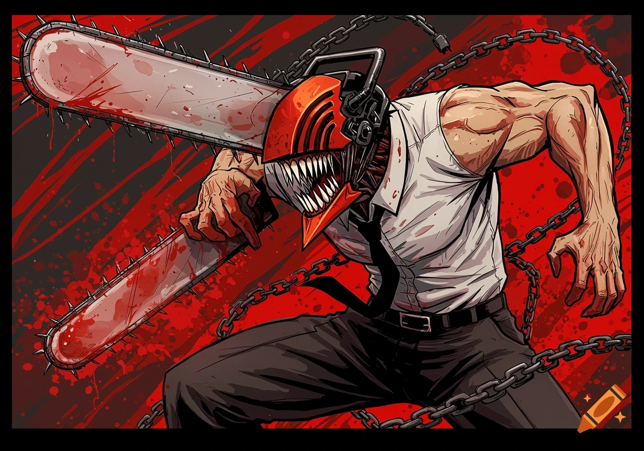 A muscular man with a chainsaw head and arm, covered in blood, in an action pose against a red and black background with chains, anime style.