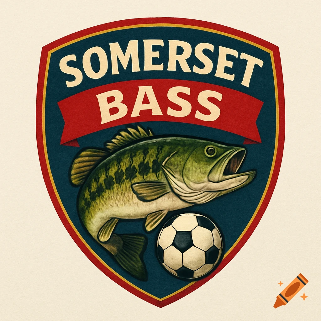 A vintage-style shield logo for Somerset Bass, featuring a large bass fish and a soccer ball on a blue background with a red banner.