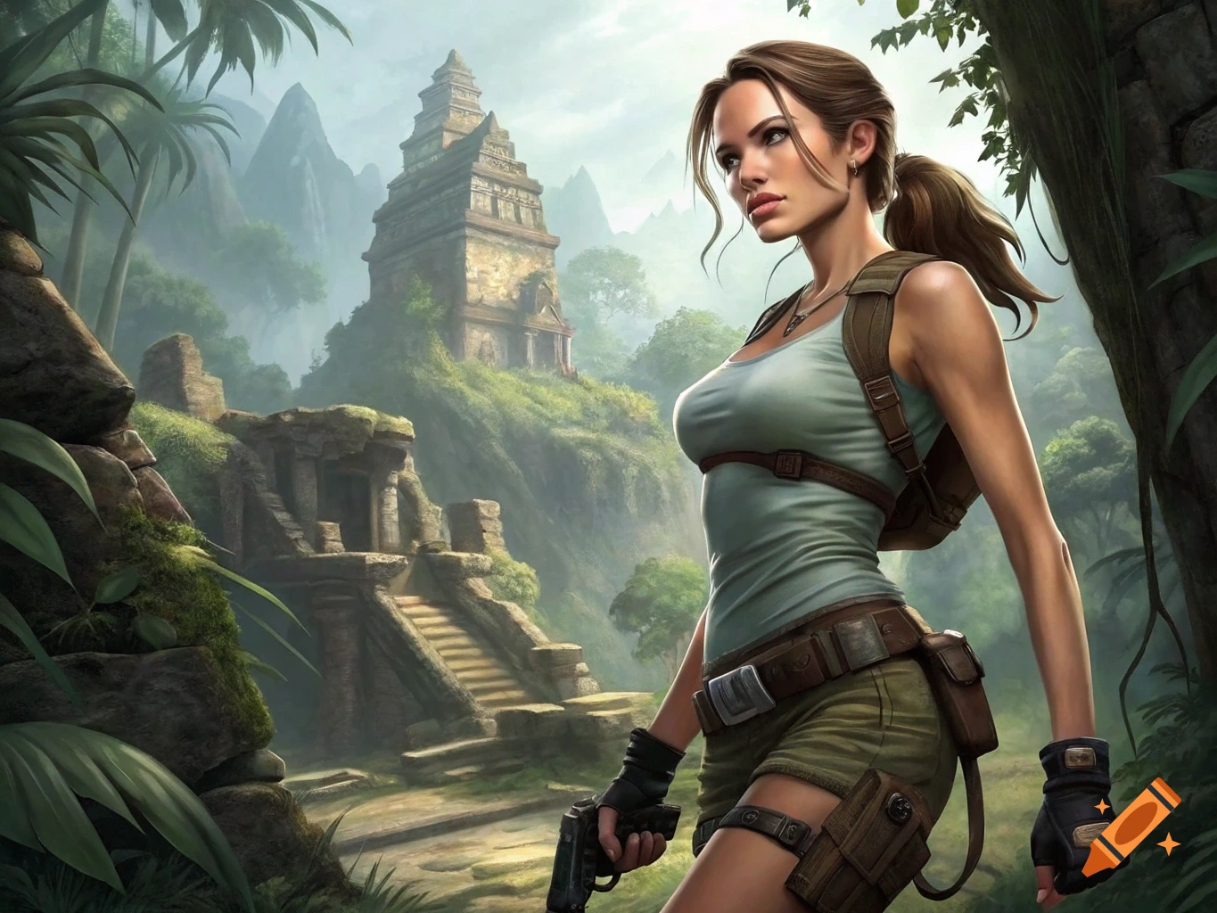Angelina Jolie as Lara Croft, holding a pistol, stands in a lush jungle with ancient temple ruins in the background.
