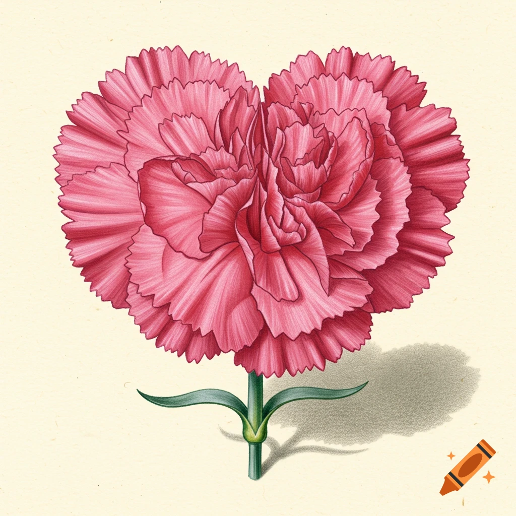 A drawing of a heart-shaped pink carnation with a green stem and leaves, casting a shadow on a light background.