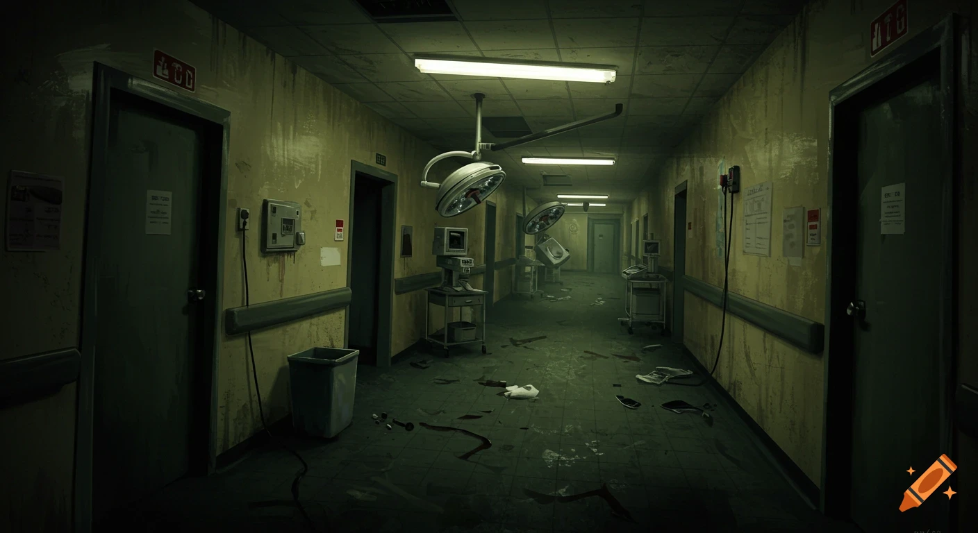 An eerie, abandoned hospital corridor in a horror movie style, with flickering lights, debris on the floor, and medical equipment.