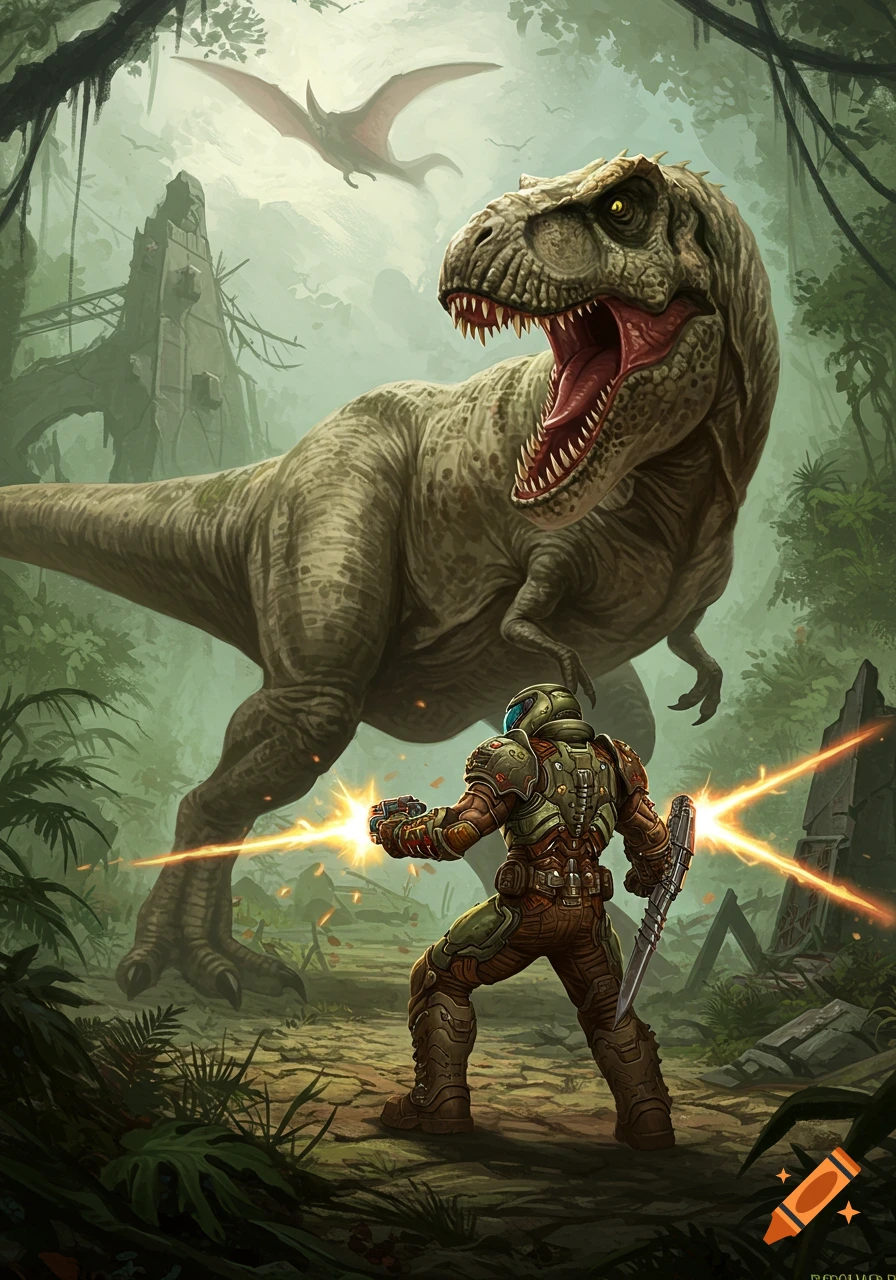 The Doom Slayer battles a T-Rex in a dense jungle filled with ancient ruins, in a vibrant digital art style.