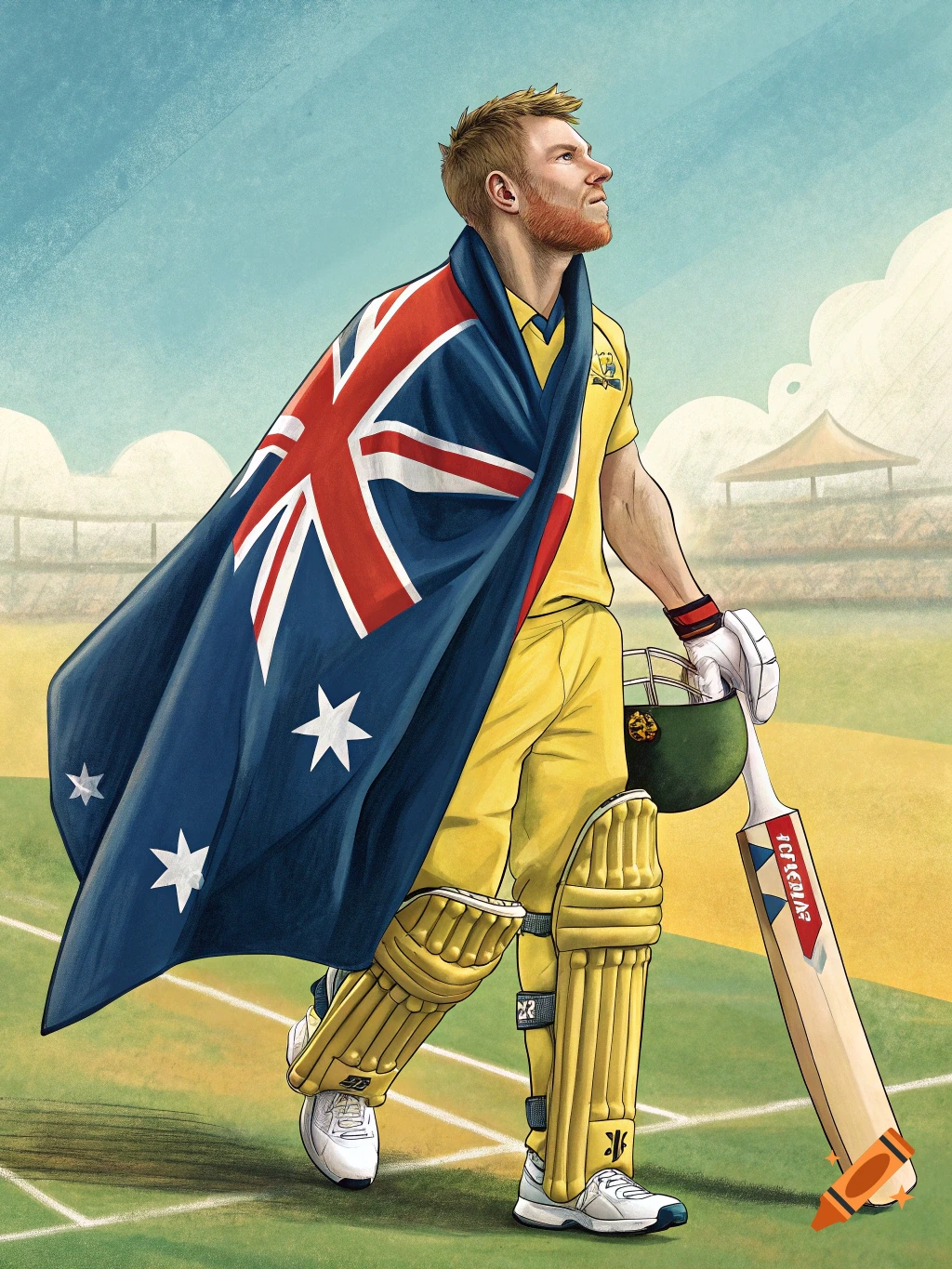 Illustration of a male cricketer in a yellow uniform, wrapped in an Australian flag like a cape, holding a bat and helmet.