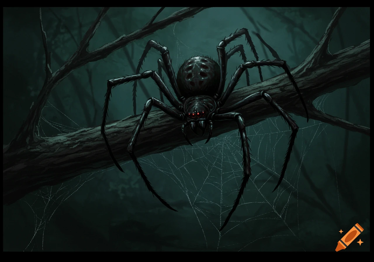 A large, black spider with glowing red eyes sits on a dark tree branch surrounded by wispy spiderwebs in a spooky forest.