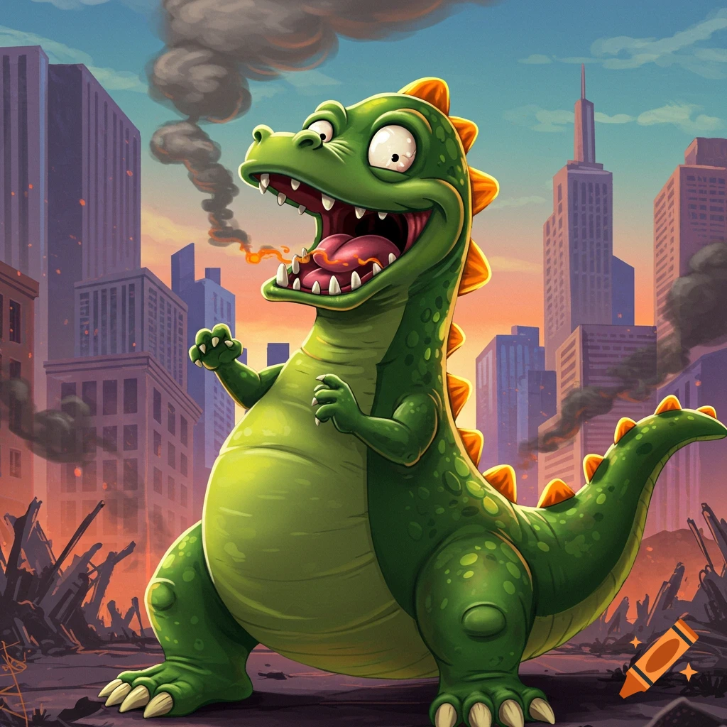 A happy green cartoon dinosaur roars with a tiny flame in a destroyed cityscape with smoke plumes.
