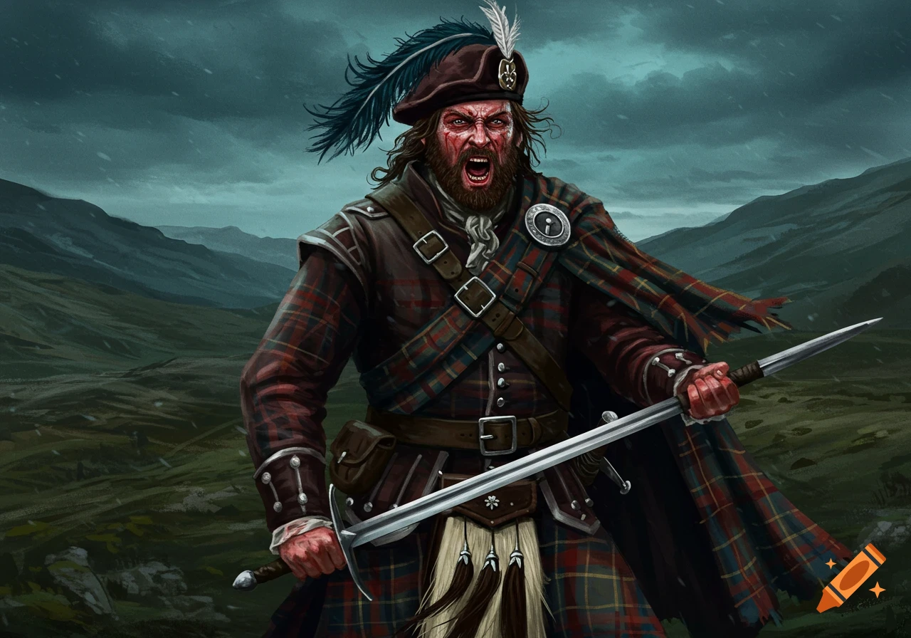 A fierce Scottish Highlander warrior in tartan kilt and feathered bonnet yells with a sword against a stormy mountain backdrop. Digital painting.