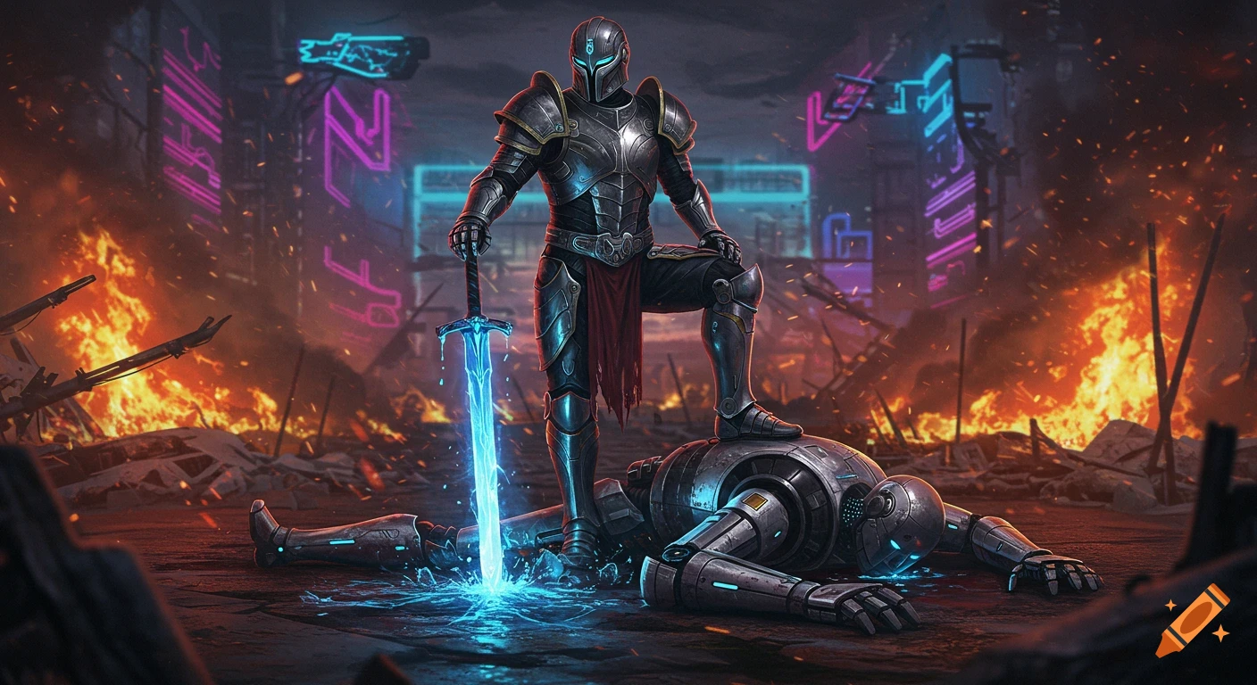 A futuristic armored warrior stands victoriously over a defeated robot with a glowing sword in a war-torn, neon-lit battlefield.