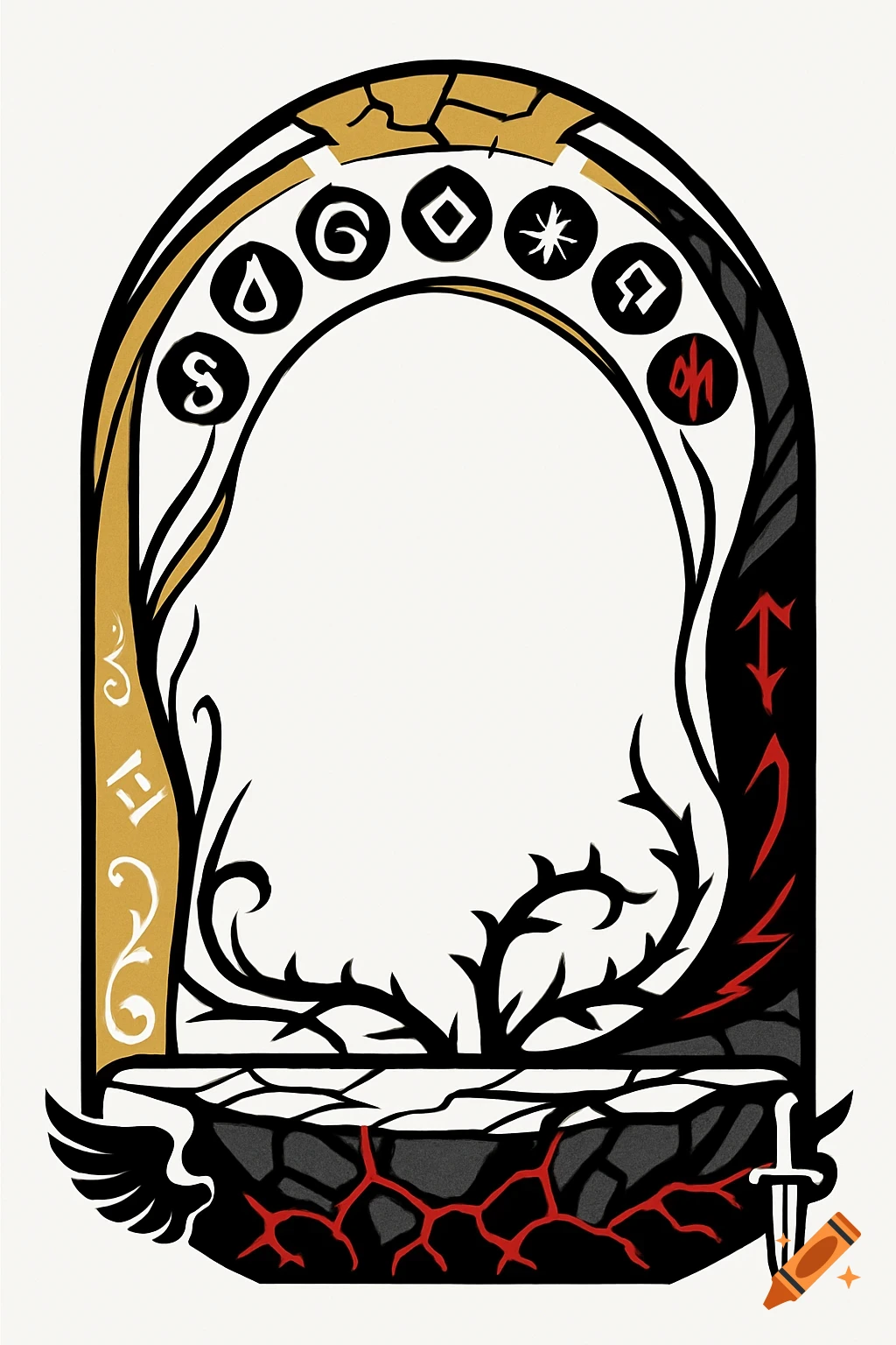 An ornate arch-shaped fantasy frame with gold, black, and red colors, featuring symbolic elements, cracked textures, thorny vines, and a wing and sword motif.