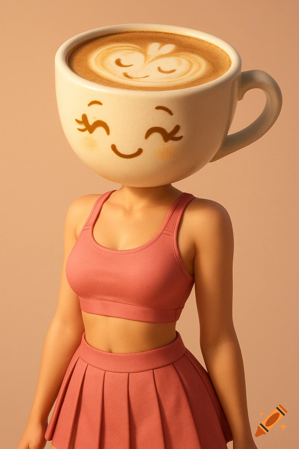 A cute female character with a latte art coffee cup as a head, wearing a pink sports bra and pleated skirt, against a pastel background, rendered in 3D.