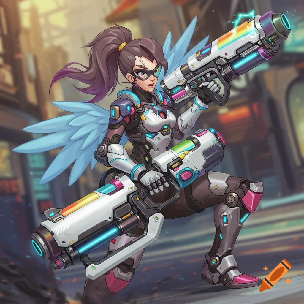 A stylized female character in futuristic white and pink armor, with blue wings and goggles, crouches while holding two large blasters.