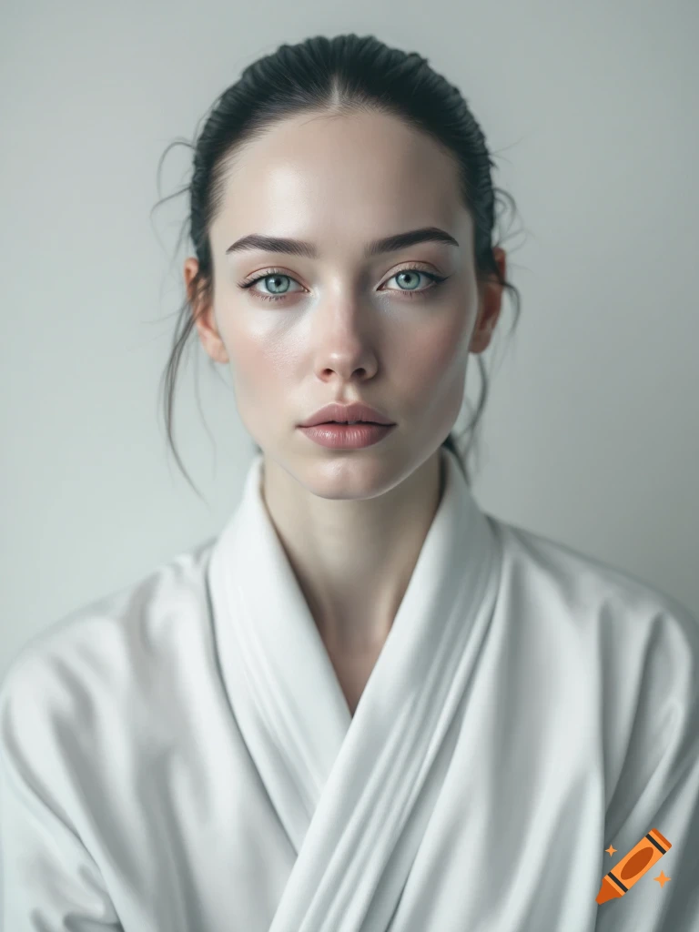 Photorealistic portrait of a woman with dark hair and blue eyes wearing ...