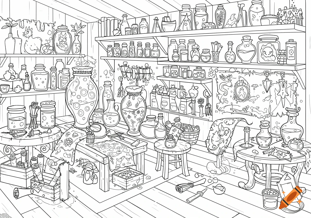A detailed line art drawing of a cozy, whimsical potion room filled with numerous jars, bottles, scrolls, and various alchemical tools.