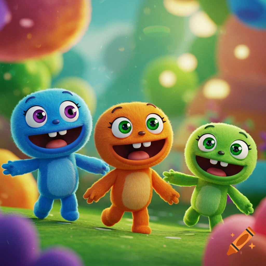 Three fuzzy, happy cartoon creatures in blue, orange, and green walk on green grass with a colorful, blurry background.