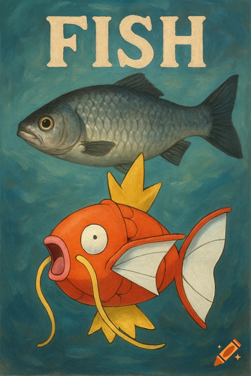 An illustrated poster with a realistic fish above an orange Magikarp Pokemon, with the word FISH at the top.