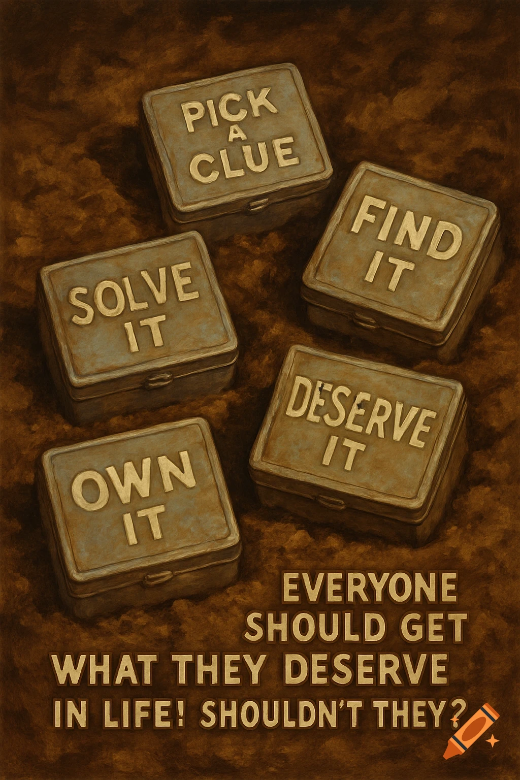 Five aged metal boxes with words like 'Pick a Clue' and 'Solve It' are embedded in a textured brown ground, with the phrase 'Everyone should get what they deserve in life! Shouldn't they?' below.