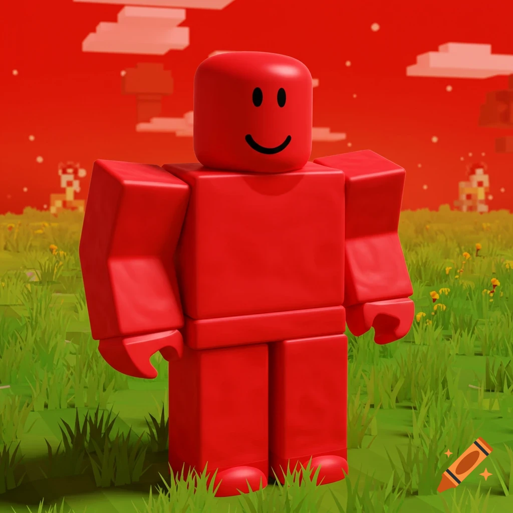 A red, blocky Roblox-style character with a simple smiley face stands in a grassy field under a red, pixelated sky.