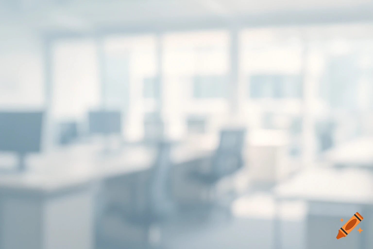 Soft-focus blurry image of an office interior with abstract shapes of desks and monitors in light blue and gray tones.