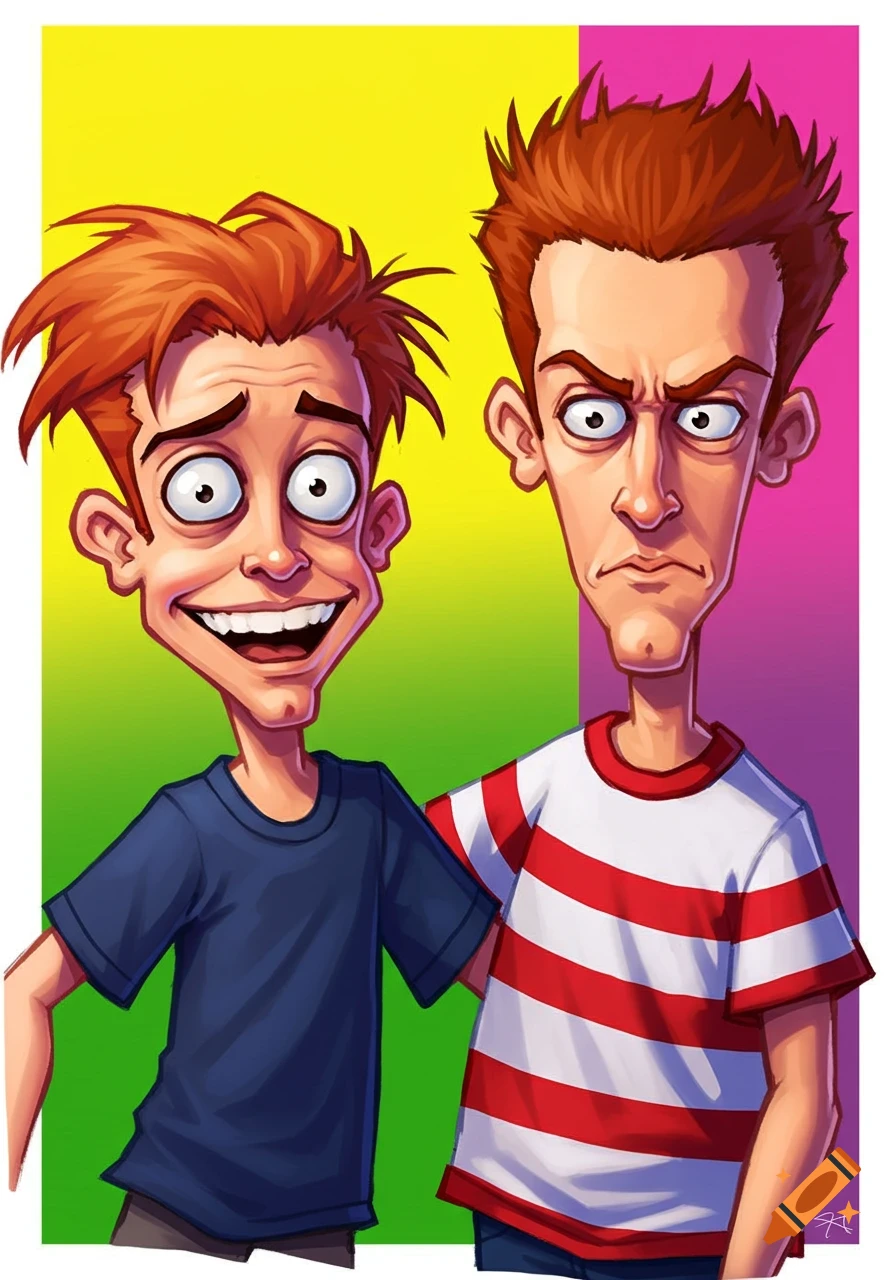 Two stylized cartoon characters resembling Beavis and Butthead, one smiling and one scowling, against a yellow and pink background.