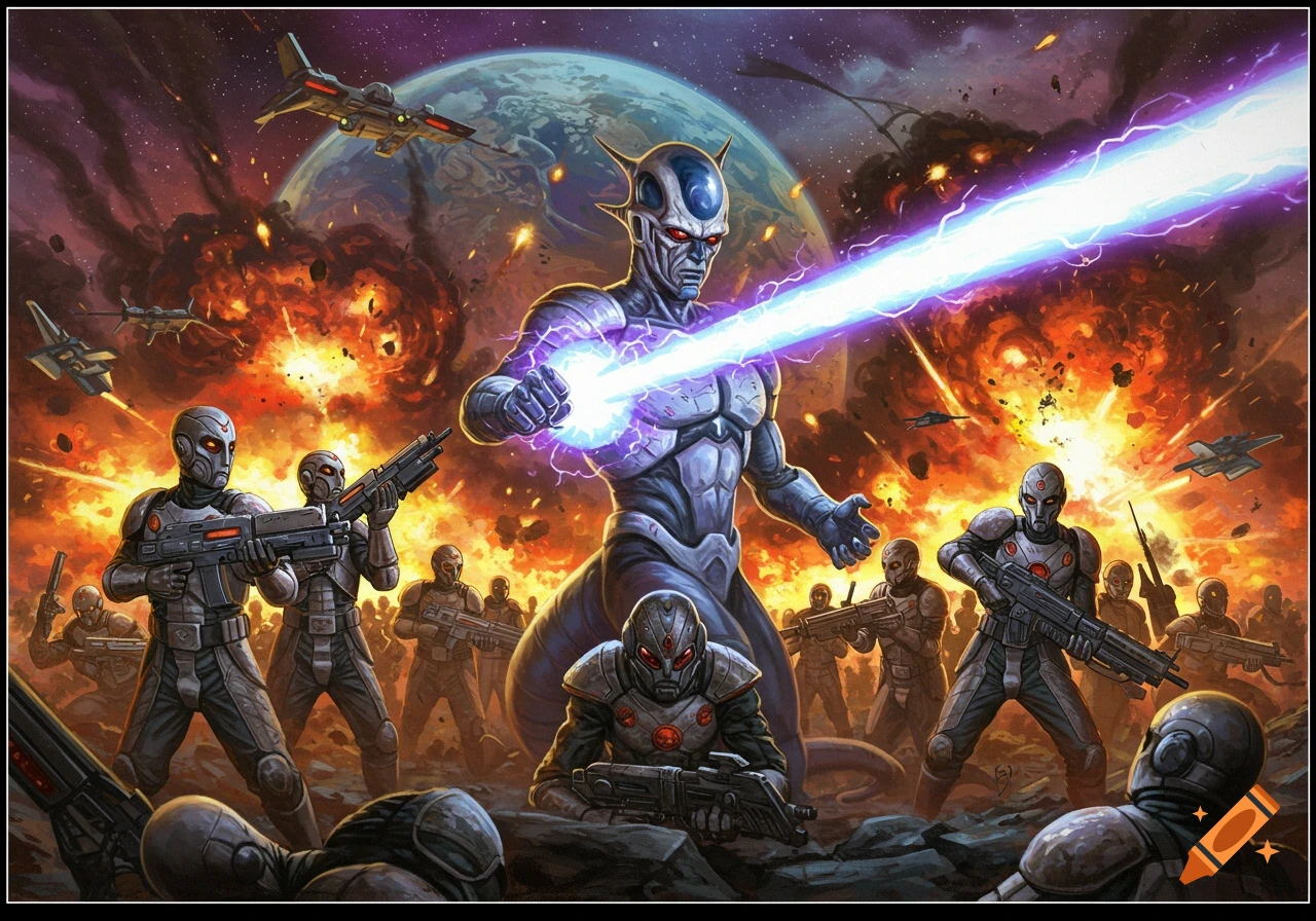 A large alien figure emits an energy beam, surrounded by armored soldiers in a chaotic sci-fi battlefield with explosions and spaceships under a planet.