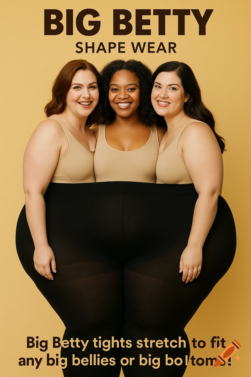 Three smiling women in beige tops and one large pair of black tights, advertising "Big Betty Shape Wear" with text slogans.