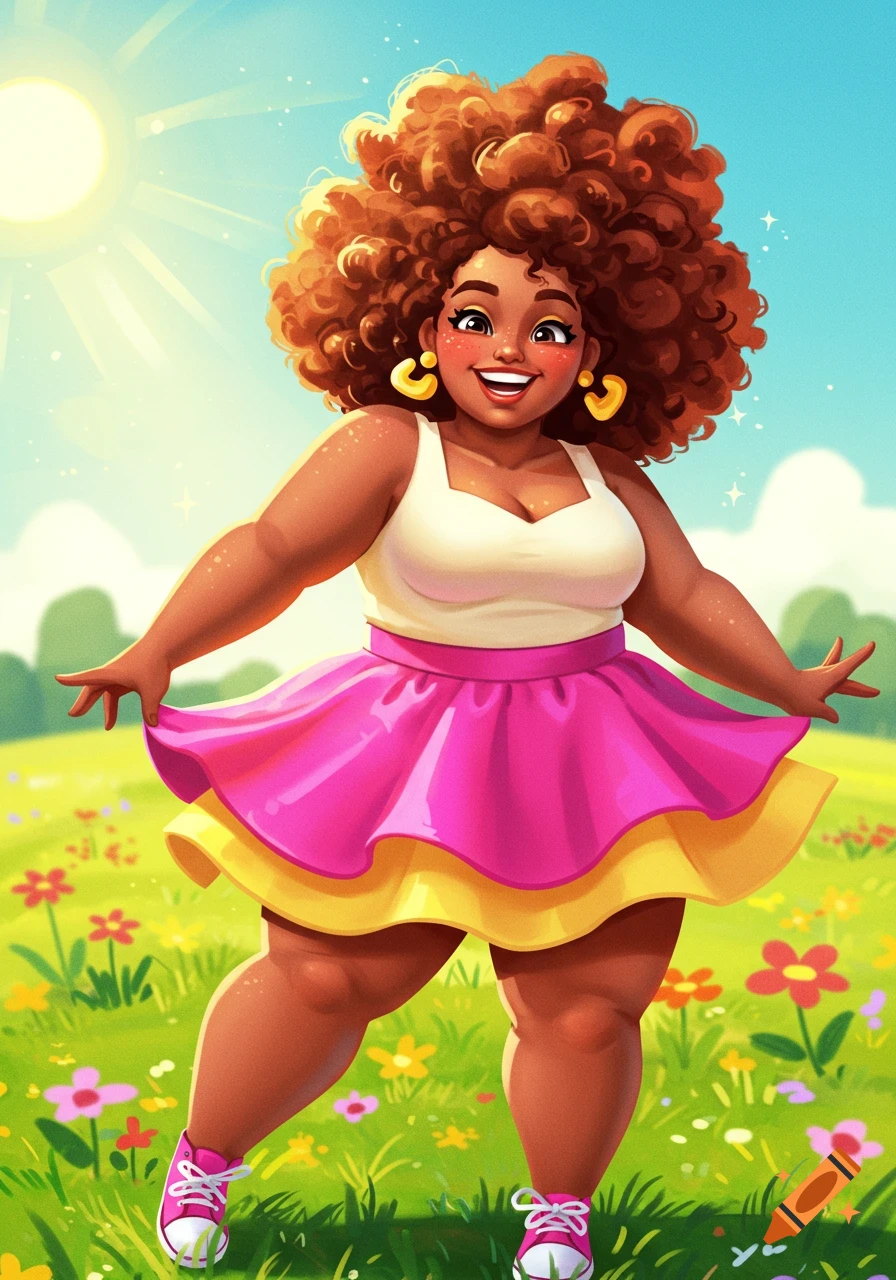 A vibrant cartoon illustration of a smiling, plus-size woman with curly brown hair, wearing a white top and pink skirt, standing in a sunny field of colorful flowers.