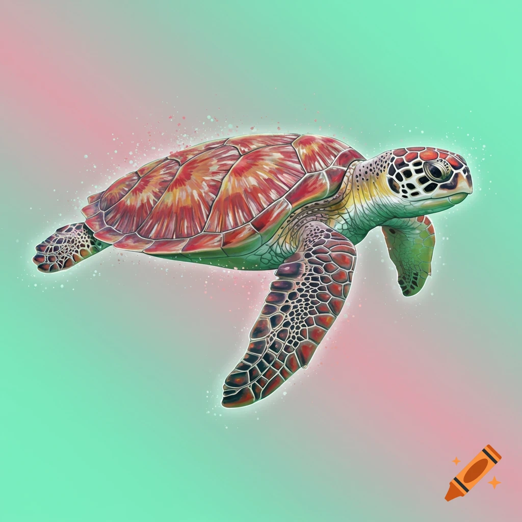 An abstract sea turtle with vibrant orange and green colors, glowing details, against a mint green and pink gradient background.