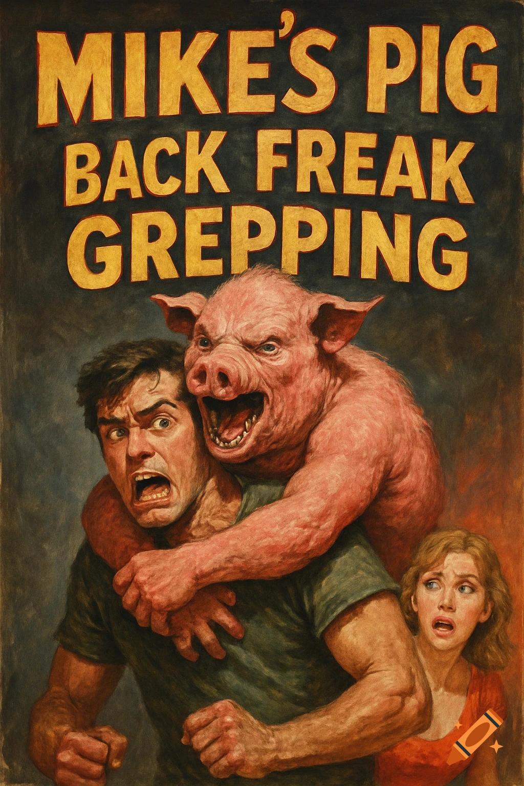 A vintage horror movie poster depicts a monstrous pig-creature attacking a man, while a woman looks on in terror, with the title 'MIKE'S PIG BACK FREAK GREPPING'.