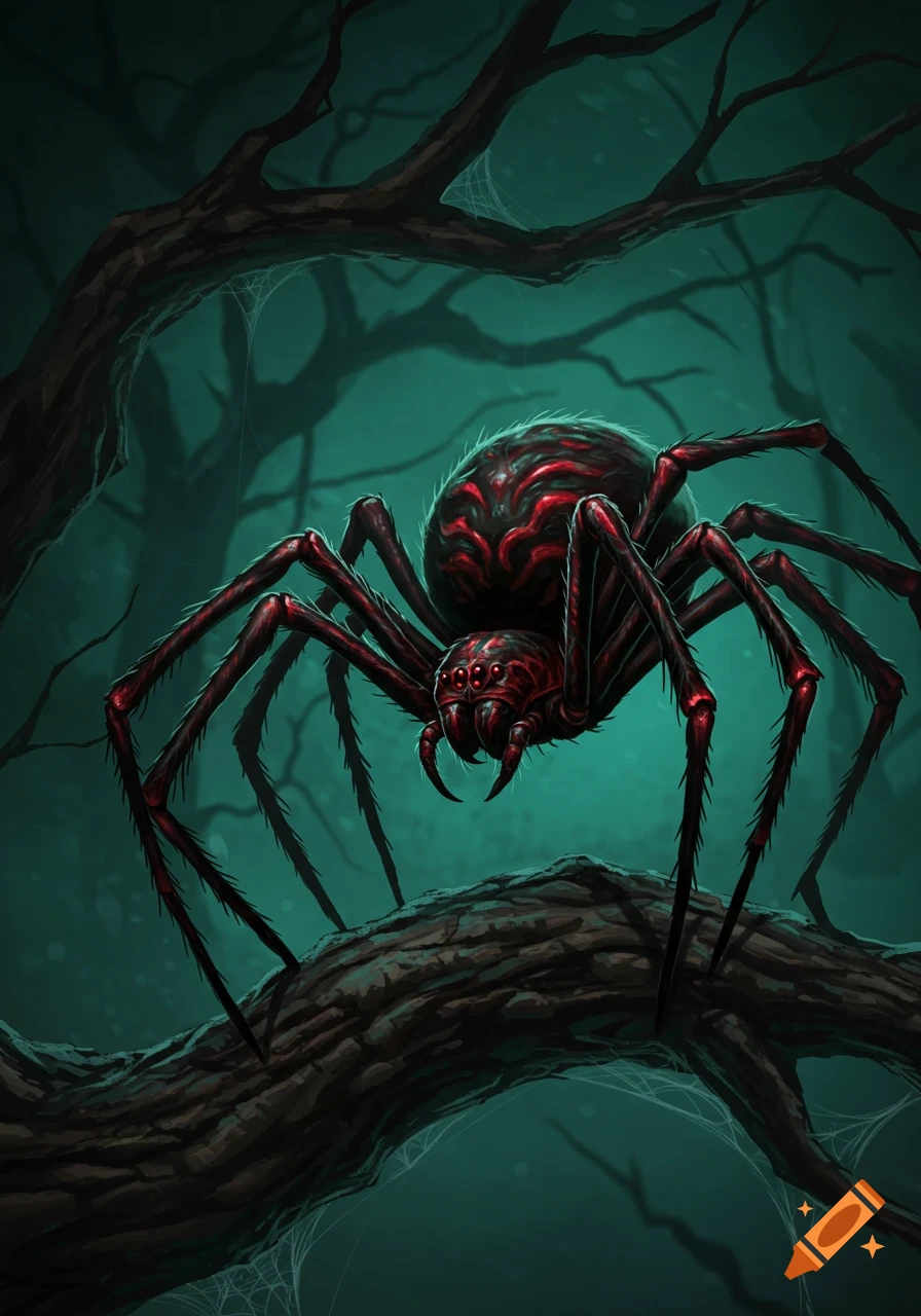 A red and black spooky spider with multiple red eyes sits on a dark tree branch in a mysterious, dark forest.