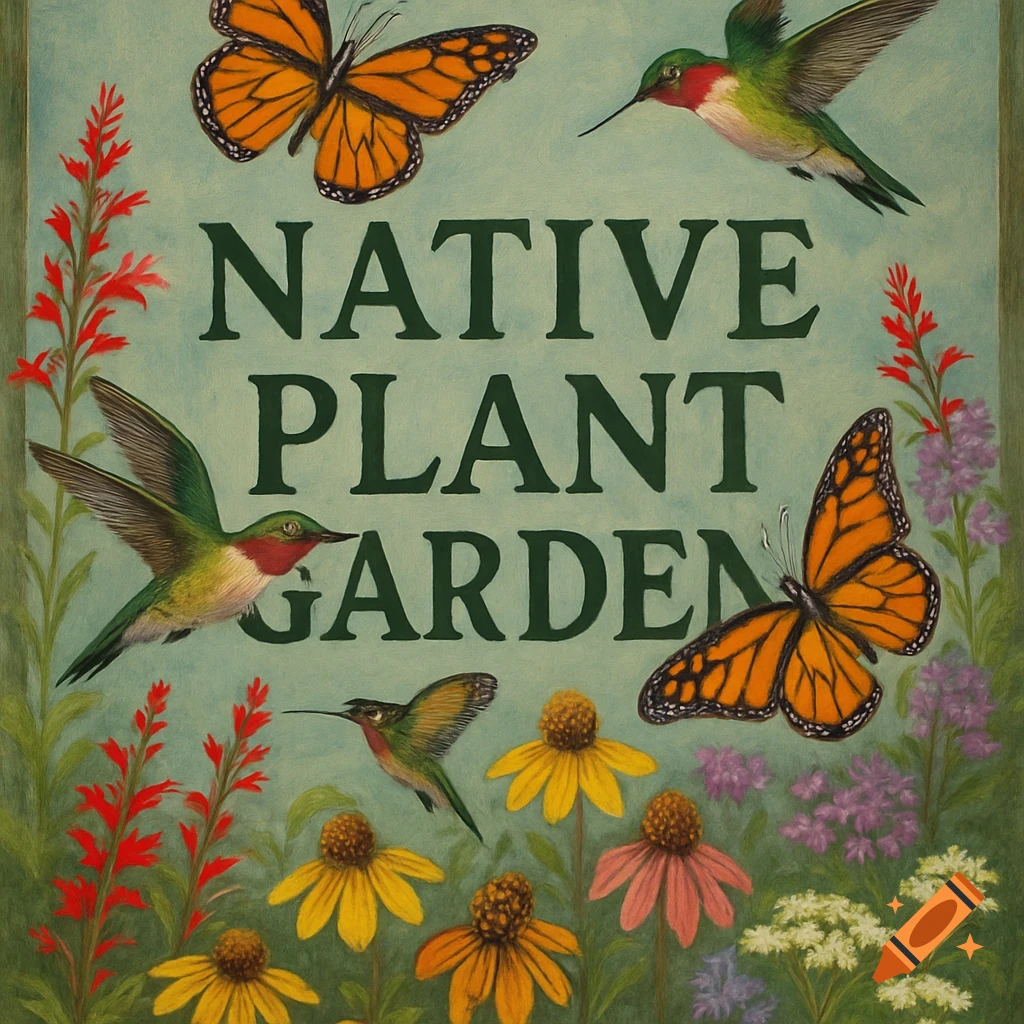 Illustrated yard sign with 'Native Plant Garden' text, monarch butterflies, hummingbirds, and colorful flowers.