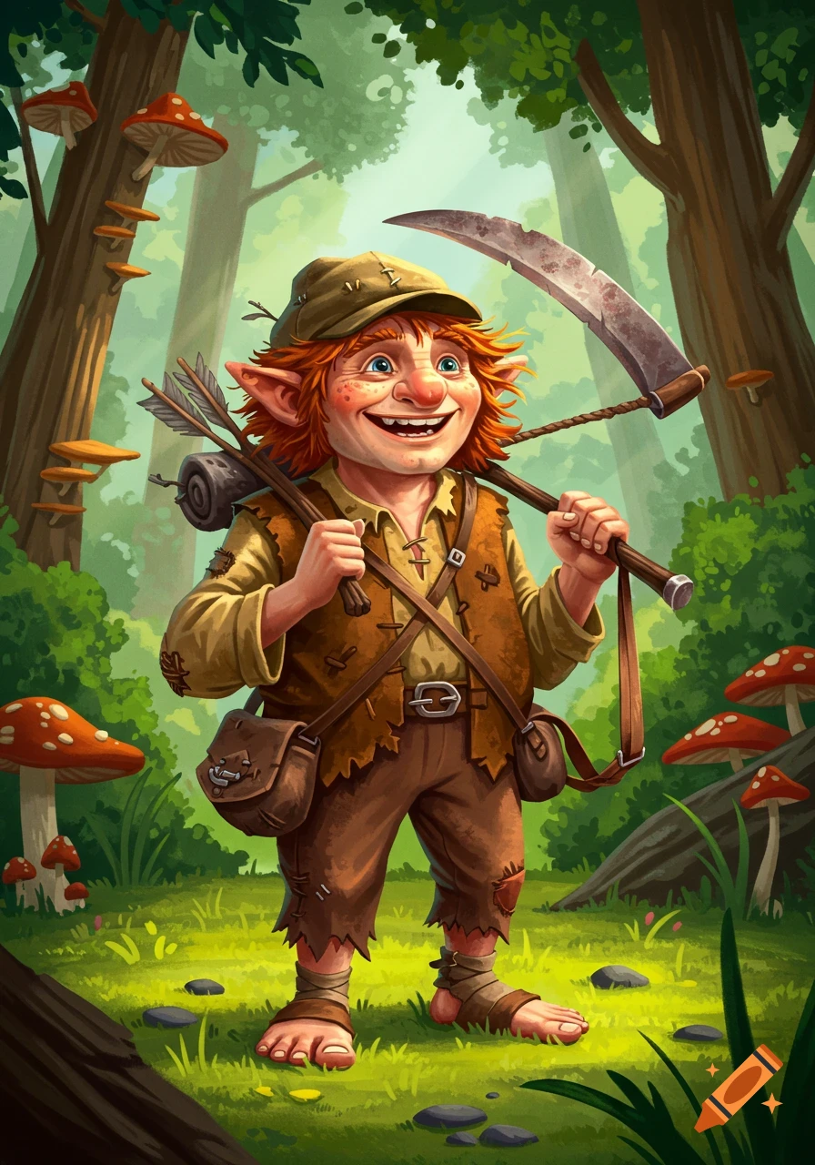 A cheerful, red-haired gnome-like character in tattered clothes stands in a vibrant green forest, carrying a large scythe and arrows over their shoulder. Illustration.