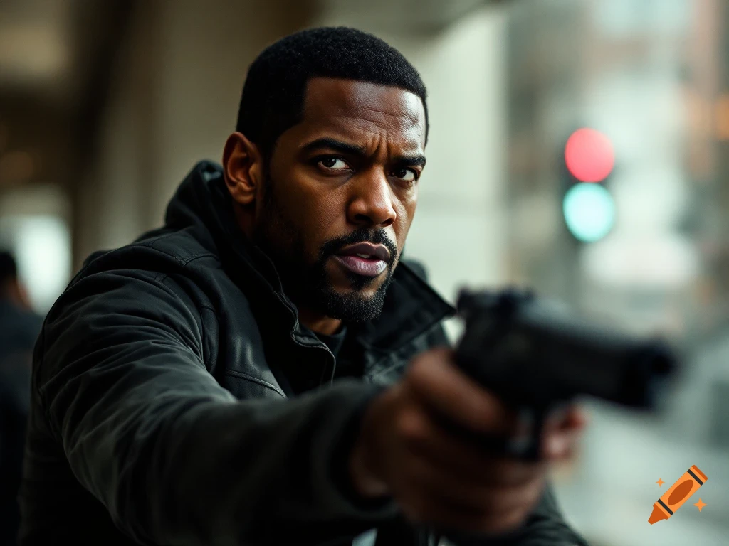 A photorealistic image of a man in a black jacket aiming a blurry gun with a serious expression in an urban setting.