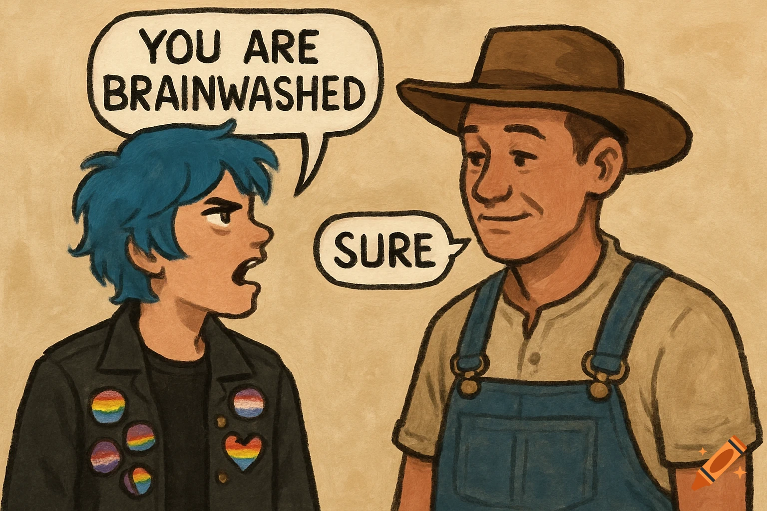 Cartoon of a blue-haired person with pride pins saying 'You are brainwashed' to a country man in overalls who replies 'Sure'.