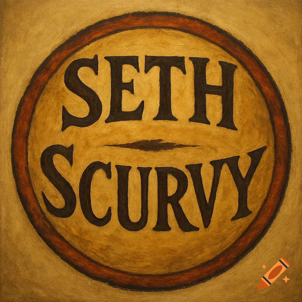 A circular logo with the name 'SETH' above 'SCURVY' in a rustic, textured style with a dark red border.