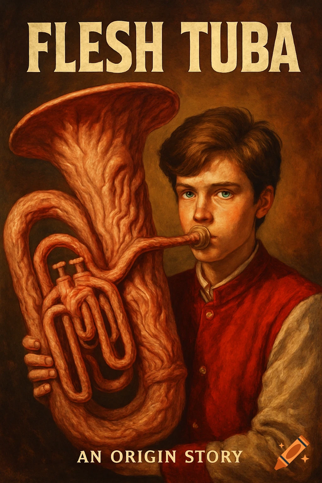 A vintage-style movie poster titled "Flesh Tuba" showing a boy with blue eyes playing a grotesque, organic-looking tuba.