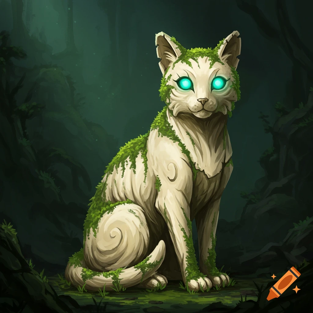 A moss-covered ivory cat statue with glowing blue eyes sits in a dark, mystical forest.