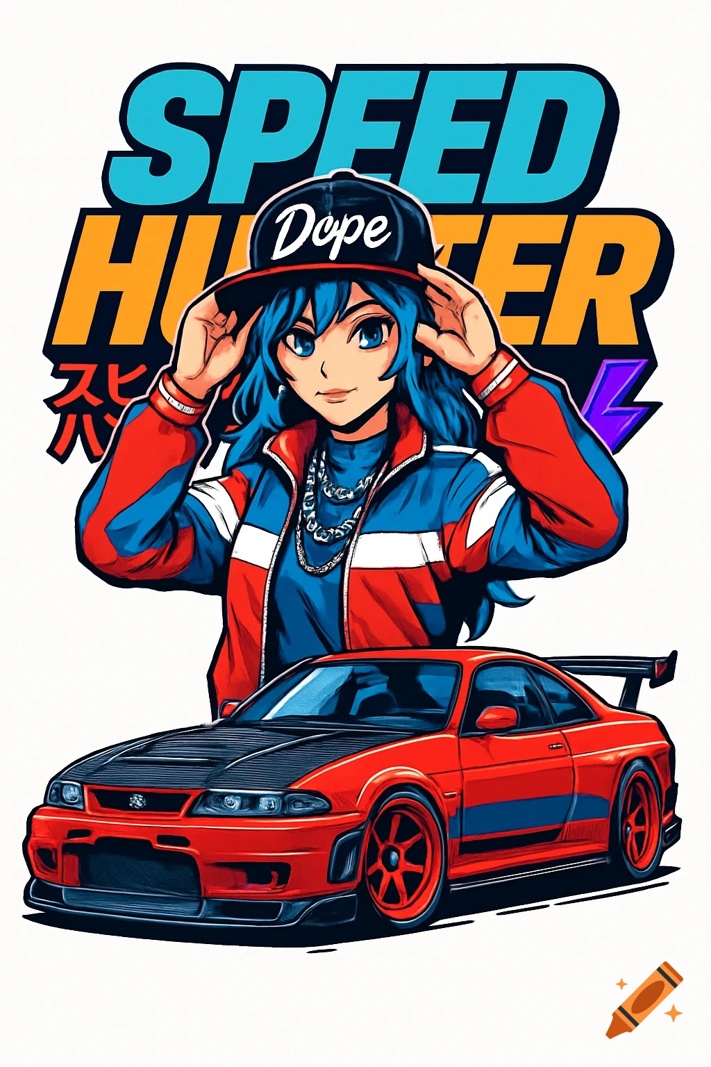Vibrant anime girl in a racing jacket and 'Dope' hat with a red Nissan Skyline GT-R, under 'SPEED HUNTER' text.