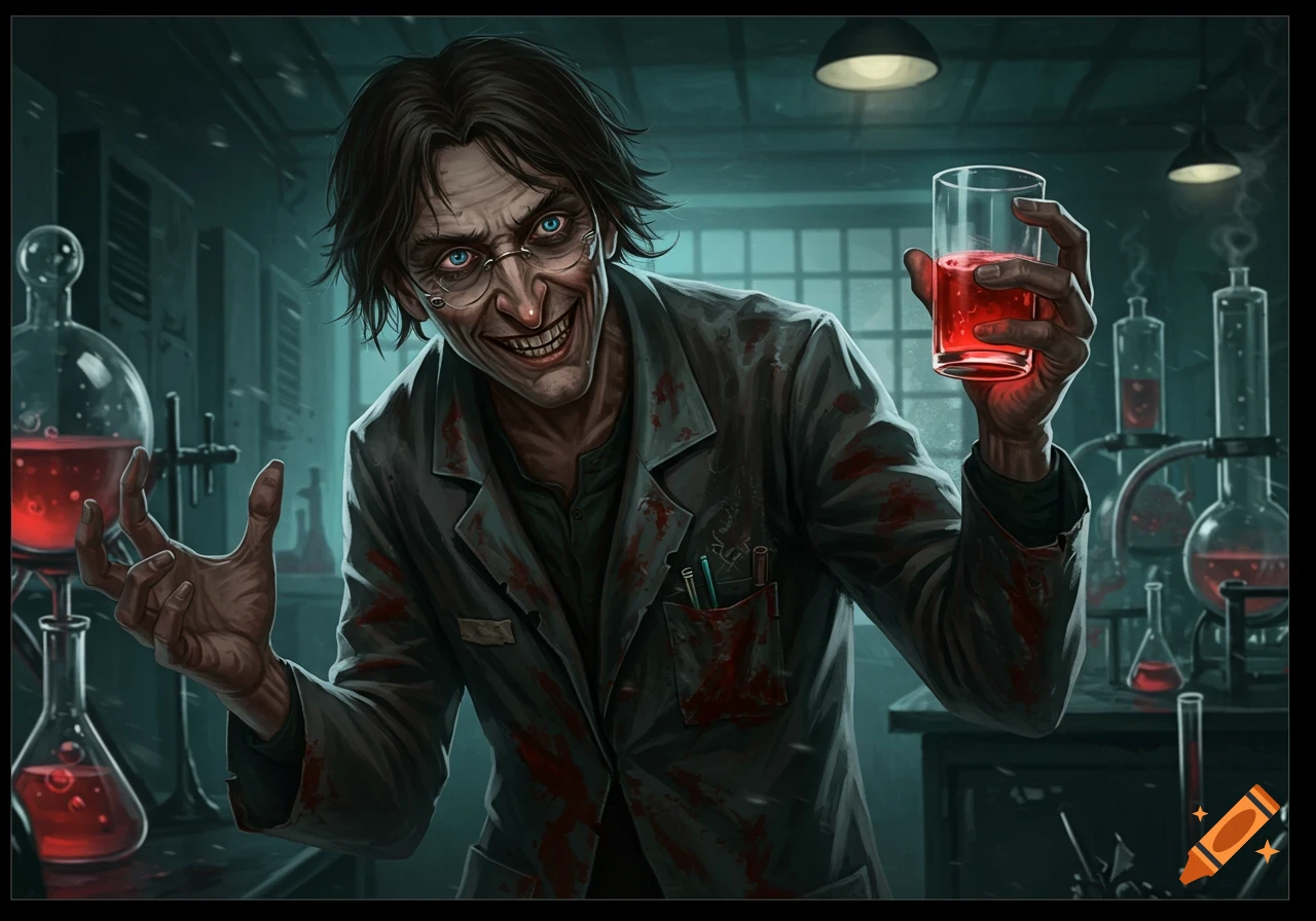 A sinister mad scientist with disheveled hair and glasses, stained lab coat, holds a beaker of red liquid in a dark laboratory.