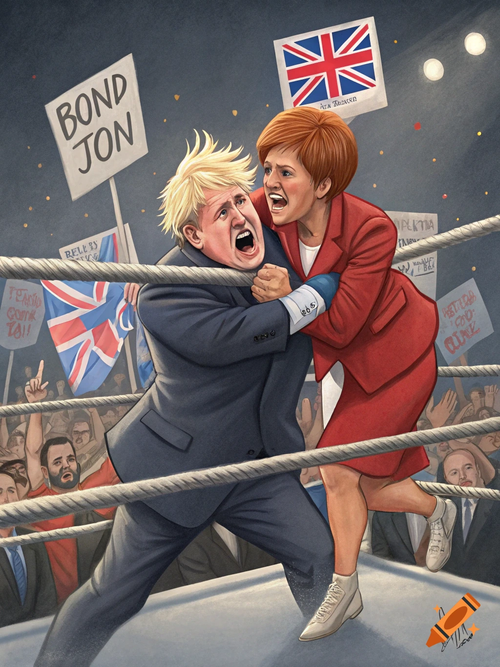 Cartoon caricature of Boris Johnson and Nicola Sturgeon wrestling in a ring, surrounded by a crowd and signs.
