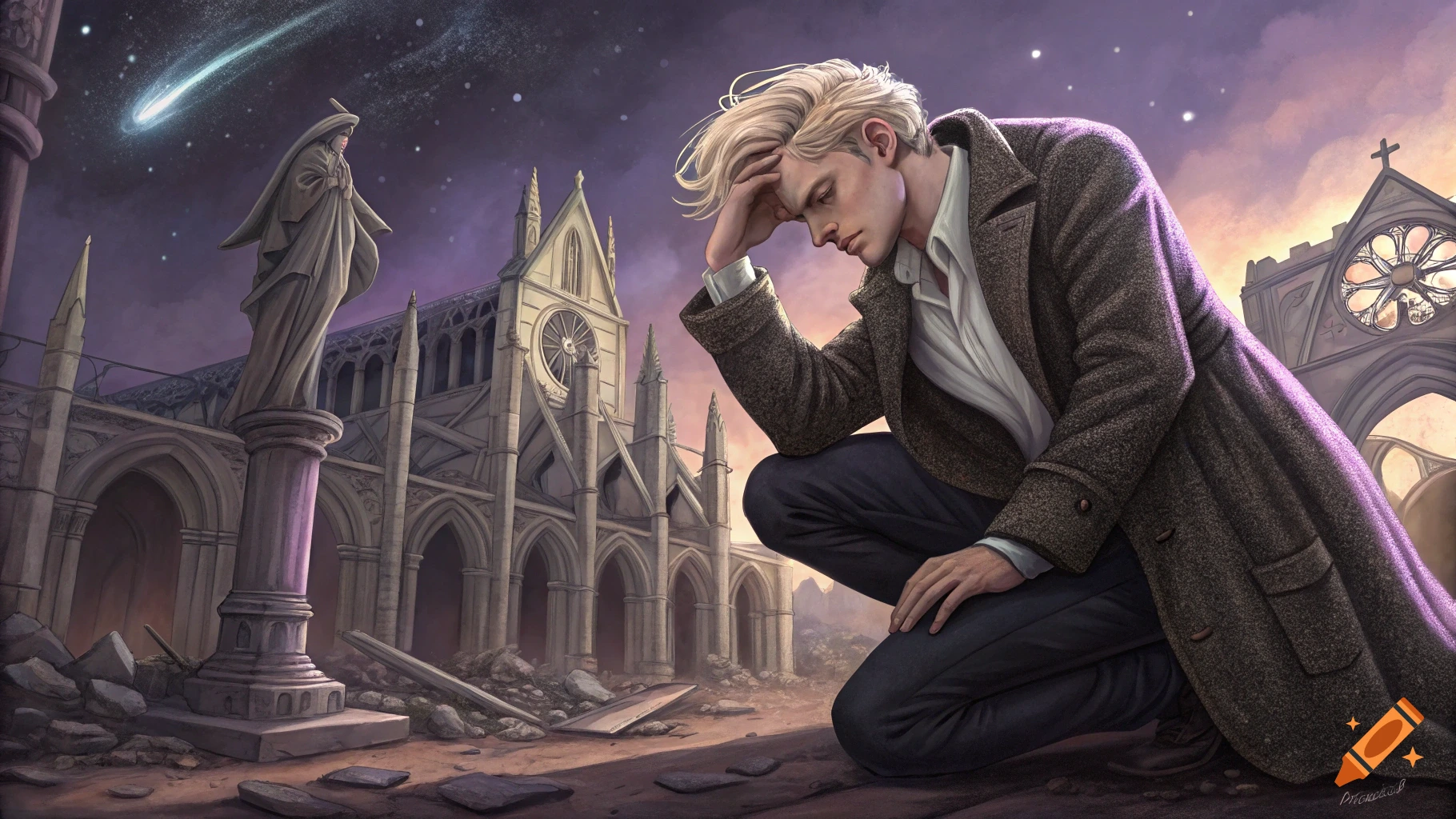 A platinum blond man kneels in anguish amidst the ruins of a shattered gothic cathedral under a starlit sky, painterly style.
