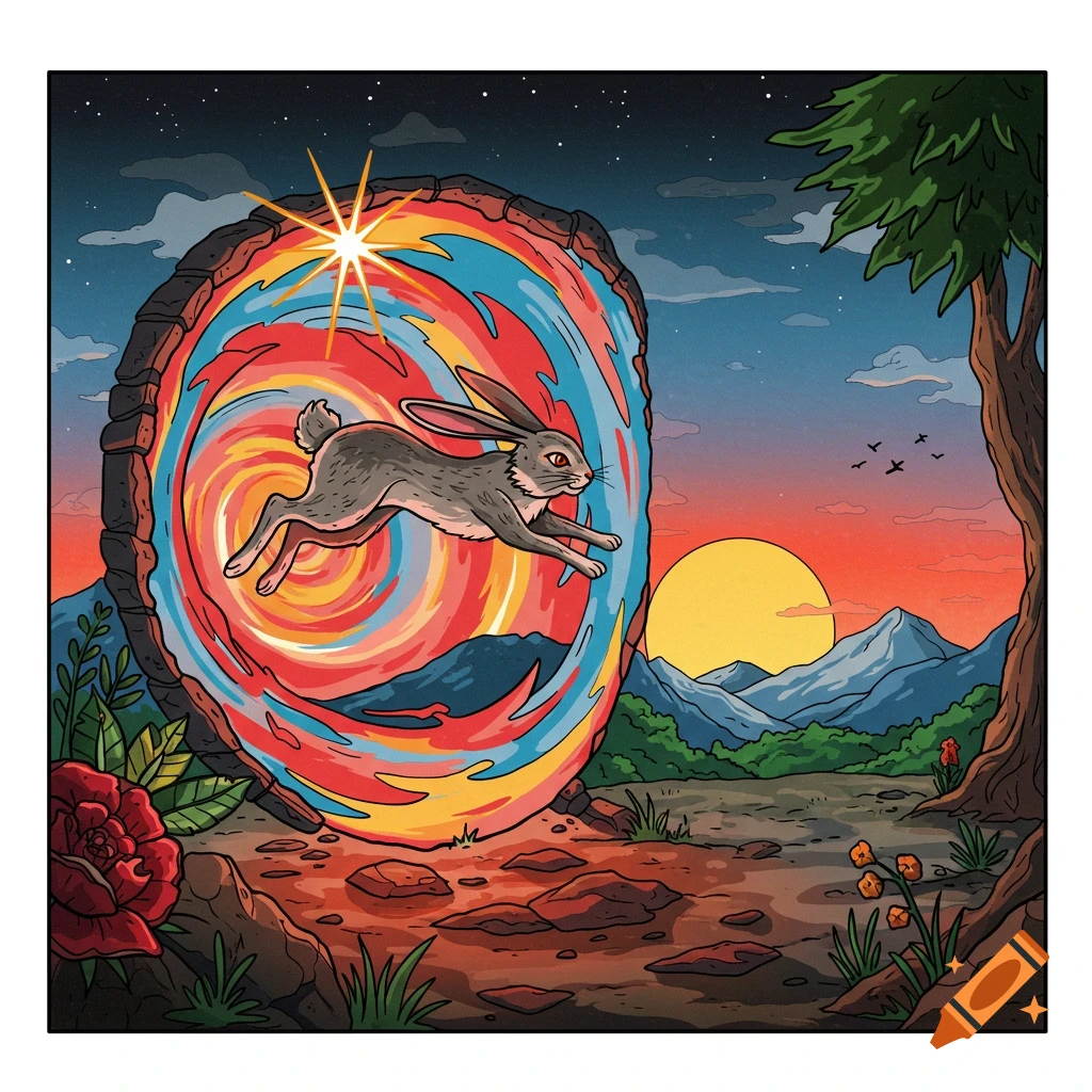 A stylized rabbit leaps through a vibrant, swirling portal in a ...
