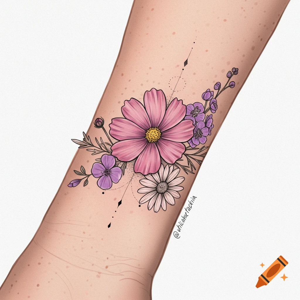 Detailed floral tattoo featuring pink cosmos, purple larkspur, and a white daisy with geometric lines on a forearm.