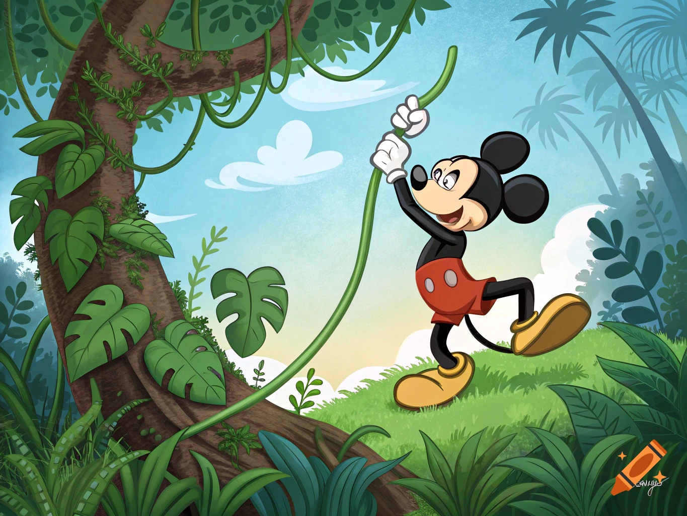 Mickey Mouse swings on a green liana vine in a lush cartoon jungle under a bright blue sky.