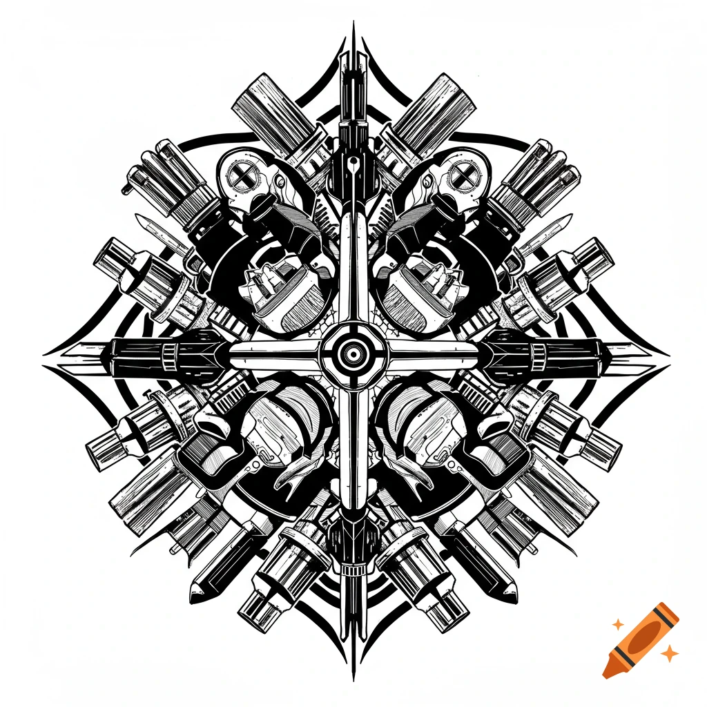 A symmetrical black and white line art emblem featuring intricate mechanical components, gears, and stylized weapon parts arranged in a radial design.