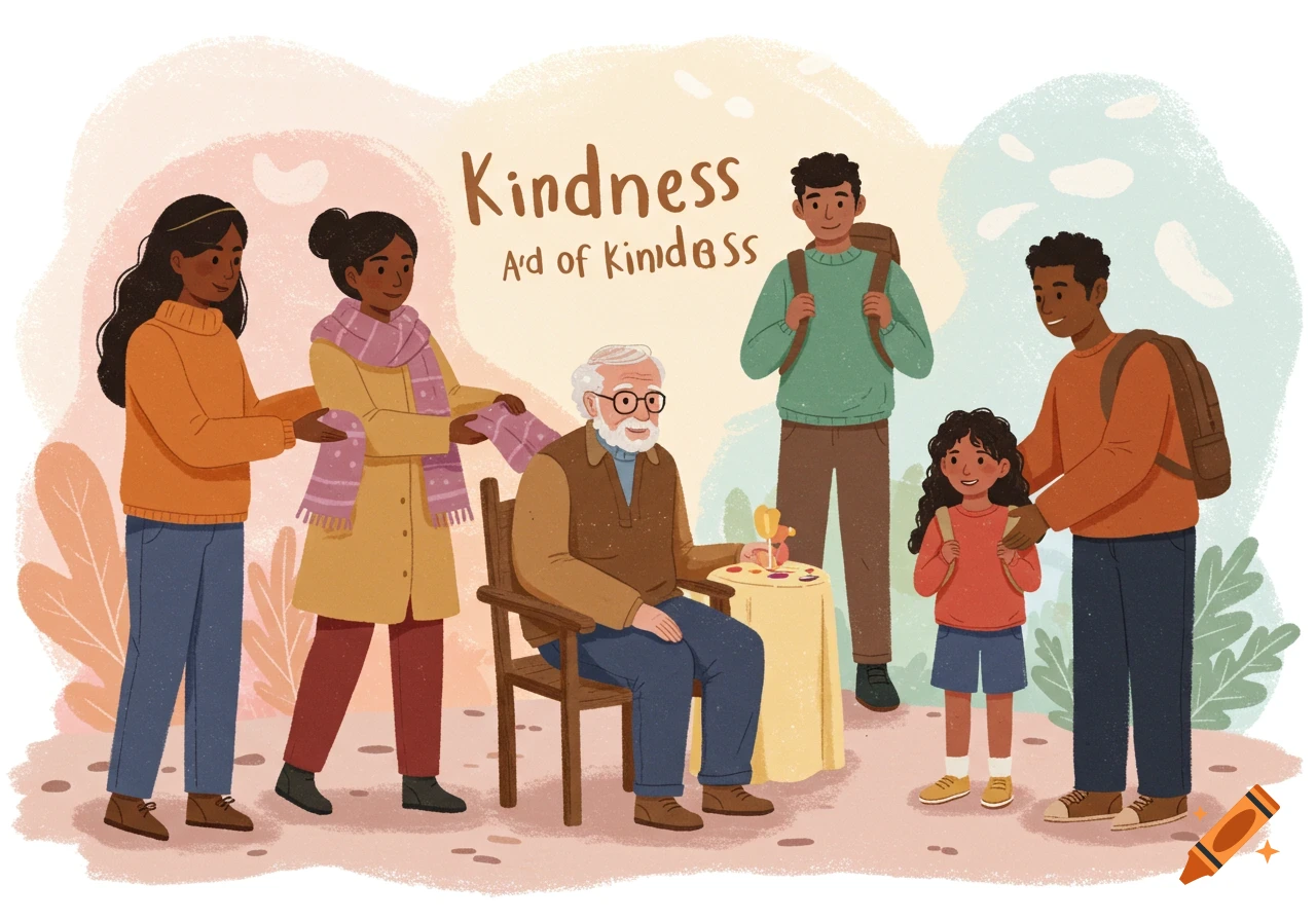 An illustration of a diverse group of people performing acts of kindness, including helping an elderly man and a young girl.