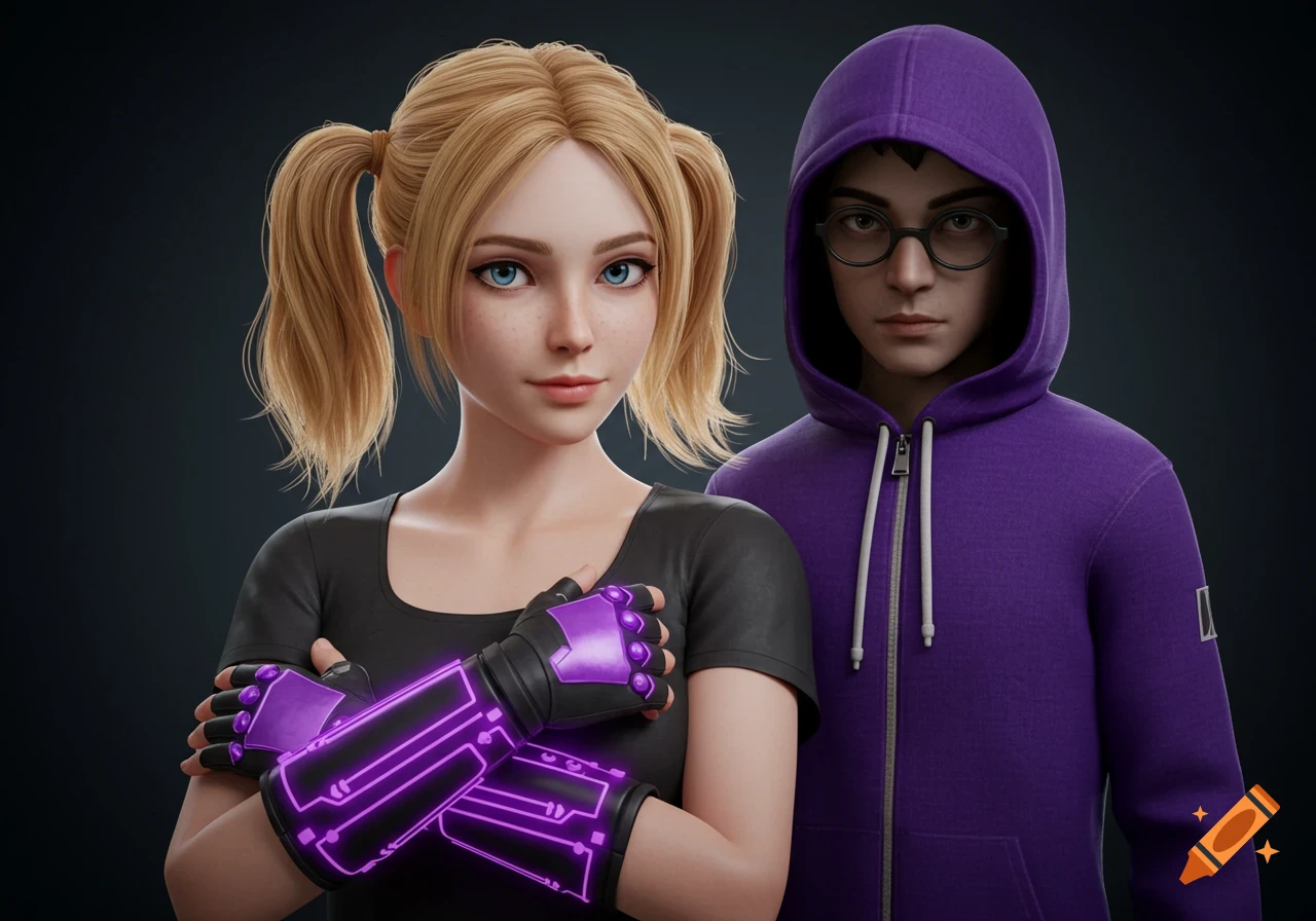 A 3D rendered image of a blonde woman with glowing purple tech gloves standing next to a person in a purple hoodie and glasses.