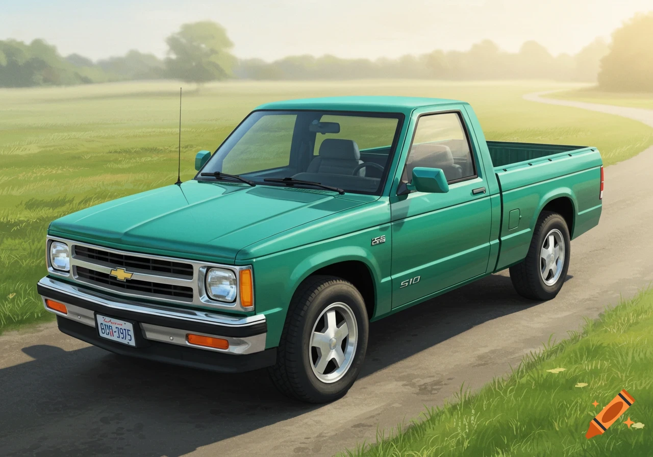 A green Chevrolet S-10 pickup truck parked on a paved road next to a grassy field with trees in the background, in an illustrated style.